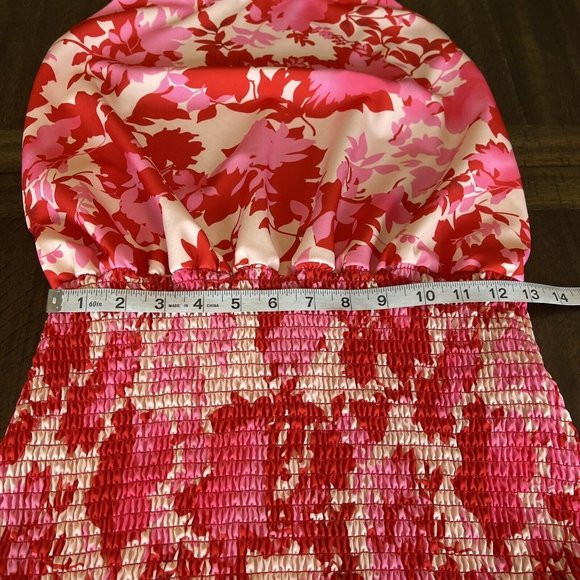 Fiji Fever Pink/Red Floral Smocked Ruffled Hem Mini Dress Medium Barbie Core - Picture 5 of 10